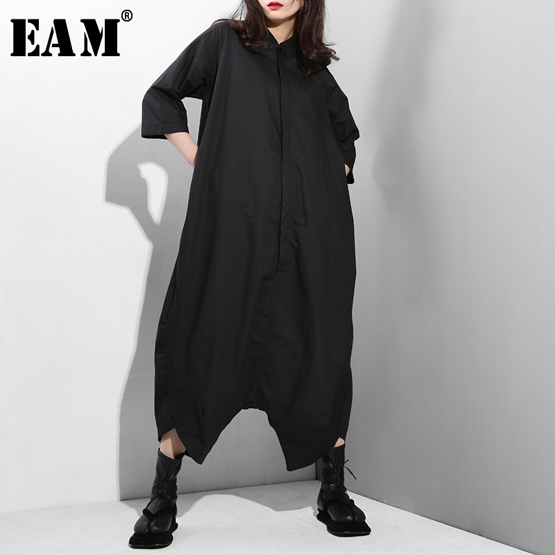 

EAM 2021 New Spring Autumn High Waist Stand Collar Pocket Stitch Loose Wide Leg Pants Women Jumpsuit Fashion Tide YA116, Black