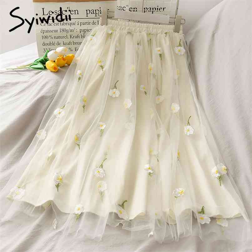 

Mesh Elastic High Waist Skirt Women Embroidery Mid-Calf Casual A-Line Solid Lace Spring Summer Korean Skirts 210607, Apricot flower