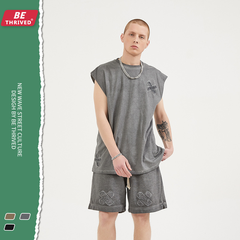 

be men's clothing - 2021 summer new style, worn-out, color fried patch, camisole vt, high street style, street fashion brand, svels tee, White;black