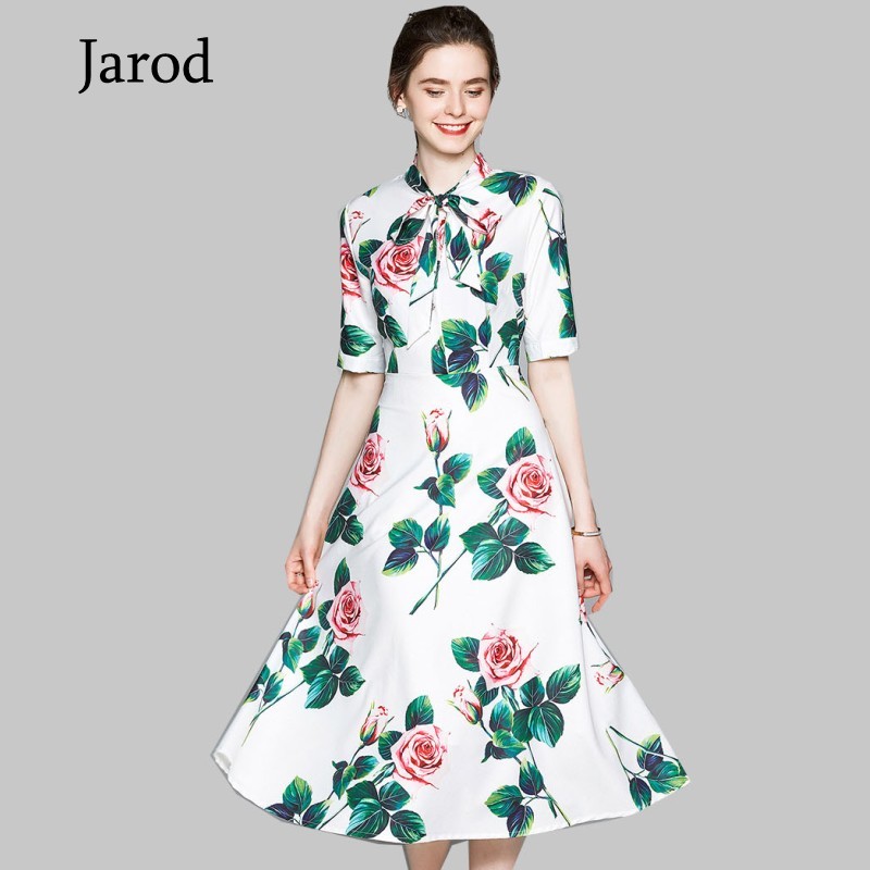 

Summer Designer Fashion dress Women's Short Sleeve Casual Print Rose Flower White Bow tie Elegant Midi Dress Vestidos 210518