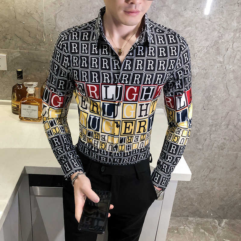 

Letter Print Shirts for Men Korean Slim Fit Casual Social Streetwear Long Sleeve Nightclub Blouse Luxury Men Shirt Camisas 210527, Black