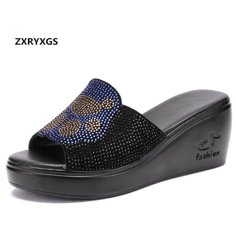 

Cowhide Rhinestones Shoes Summer Women Sandals Comfortable Wedges Fashion Slippers 2021 Famous Leather, Black