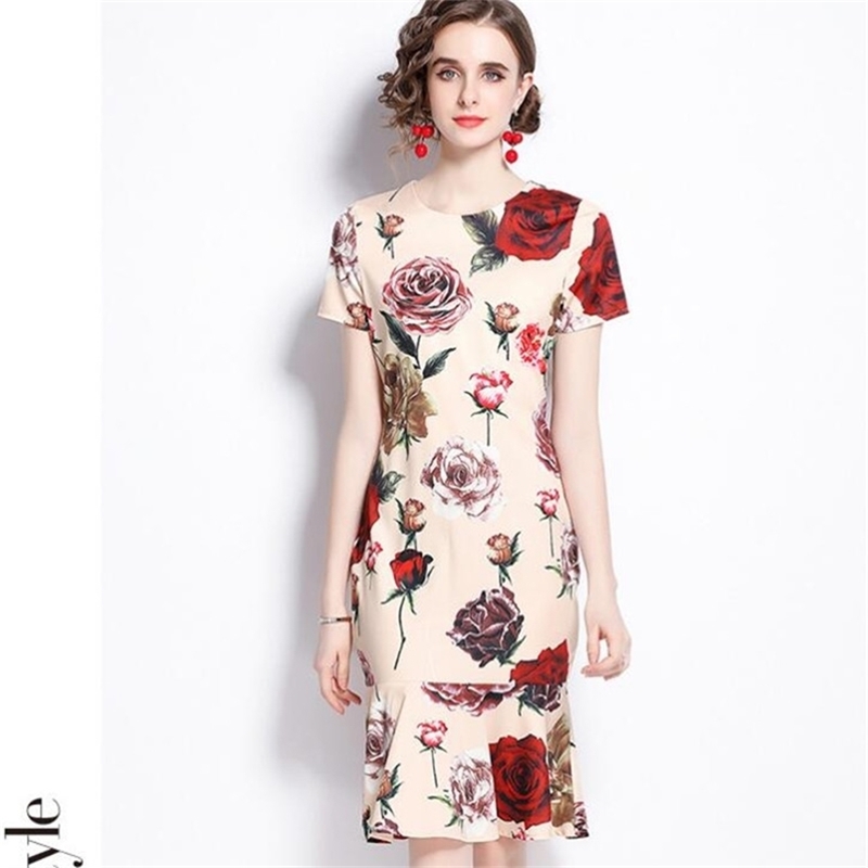 

Designer Vintage Elegant Flower Print Mermaid Party Night Dresses Retro Shys Lily Bodycon Satin Dress Midi Ruffles Robes 210603, Picture color