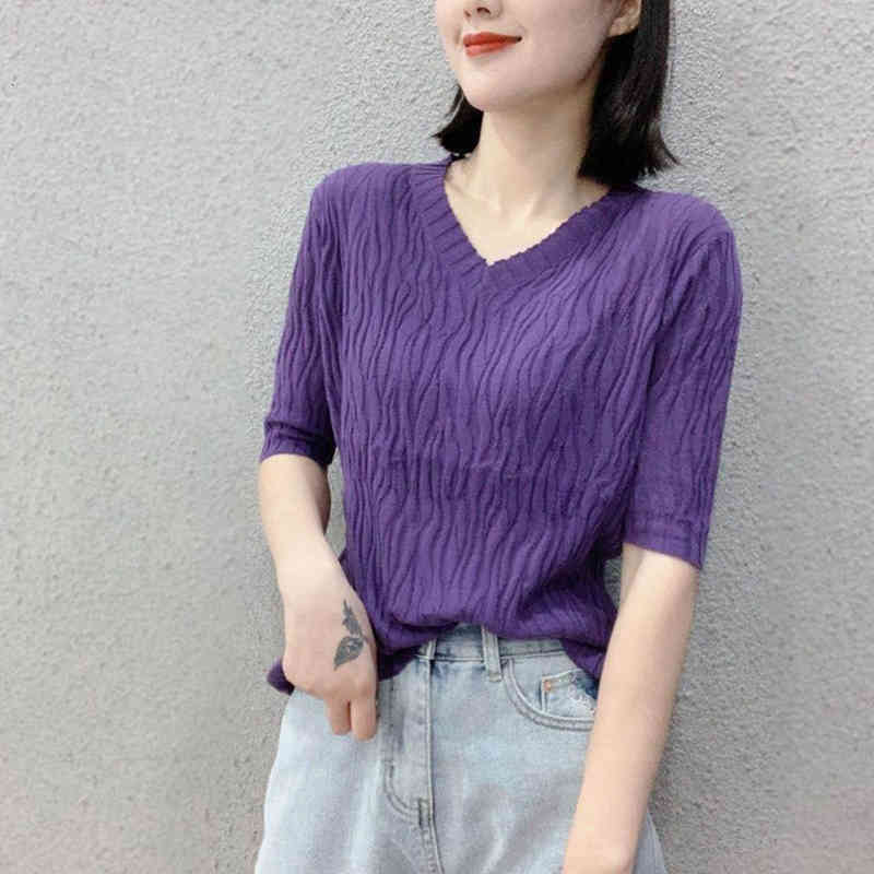 

Women's T-Shirt Summer Short Sleeve Pleated Slim Knitted For Women Casual solid V-Neck Tops Korean Fashion Vintage Base Shirt KO0C, White