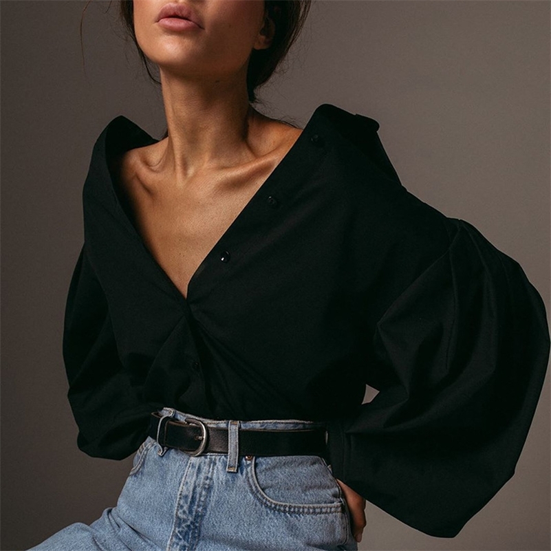 

Lantern Sleeve Elegant Shirt White Black Sexy Button Vintage Blouse Turn Down Collar Office Ladies Shirt Female Casual 210518