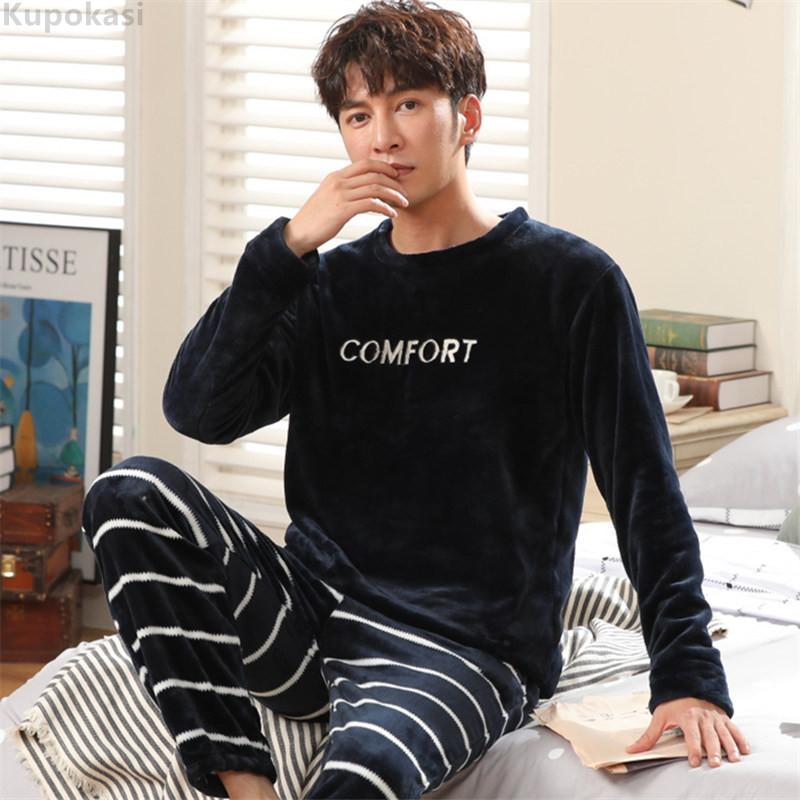 

Men's Sleepwear Kupokasi Men Flannel Pajamas Sets Winter Warm Striped Letters Coral Fleece Thick O-Neck Suit Pyjamas For Man Pijamas, Color04