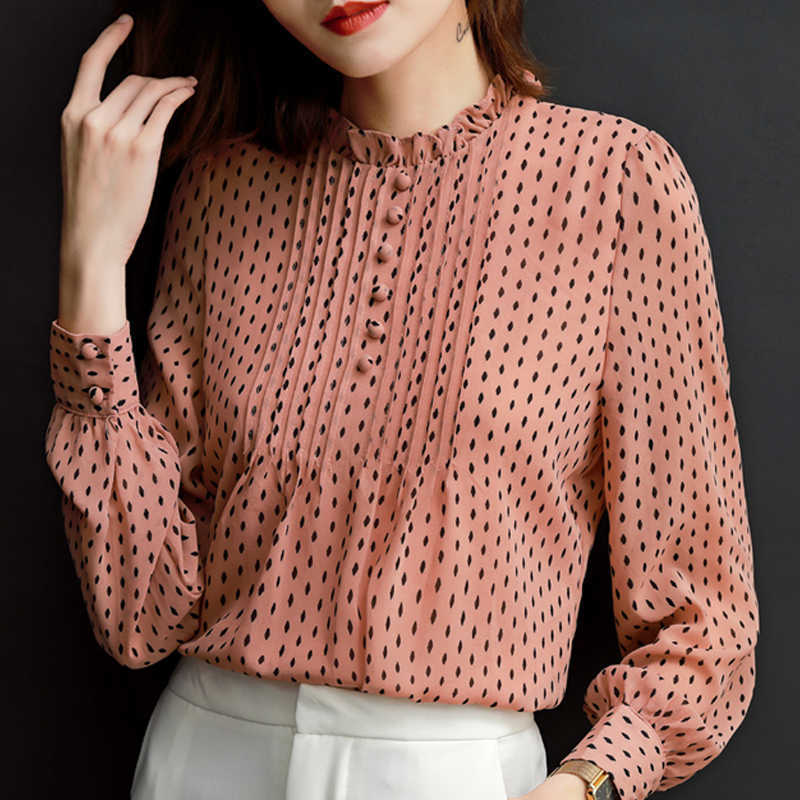 

Blouses Top Femme Long Sleeve Dot Chiffon Blouse Tops Blouse Women Blusas Mujer De Moda Stand Collar Blouse Shirt E871 210602, Green