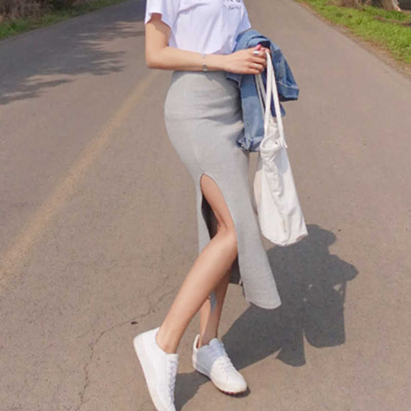 

WOMENGAGA Korea Spring Summer Split Korean Skirt Slim Sexy High Waist Mid Length Irregular Bottom Skirts WCA7 210603, Gray