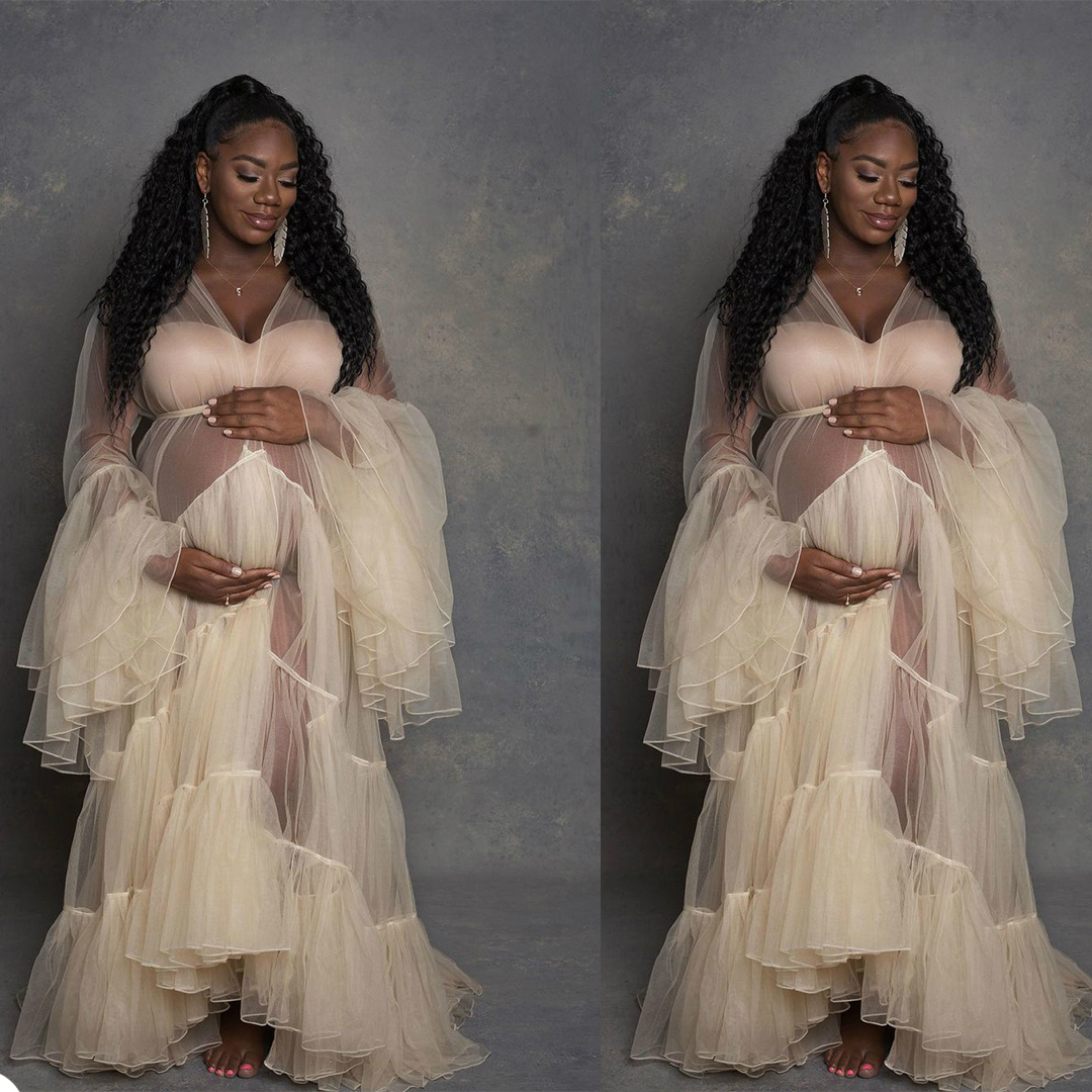 

Tiered Ruffles Pregnant Maternity Sleepwear Prom Dress Tulle Nightgowns For Photoshoot Lingerie Bathrobe Nightwear