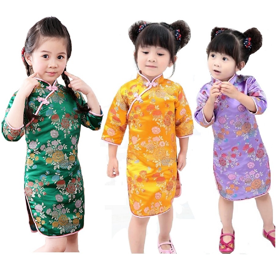

Chinese New Year Baby Girls Dress Tribute Silk Kids Traditional Qipao Children Cheongsam Girl Dresses Clothes Vestidos Tops 210413