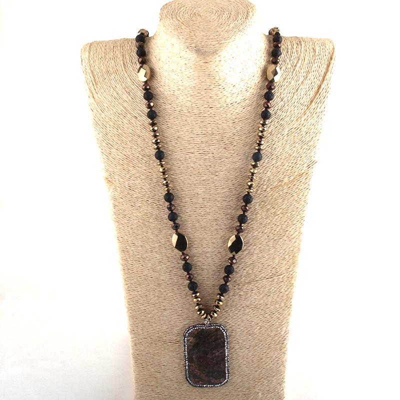 

Pendant Necklaces MD Fashion Beaded Jewelry Natural Stones Long Knotted Paved Rhinestone Semi Precious Rectangle Stone For Women