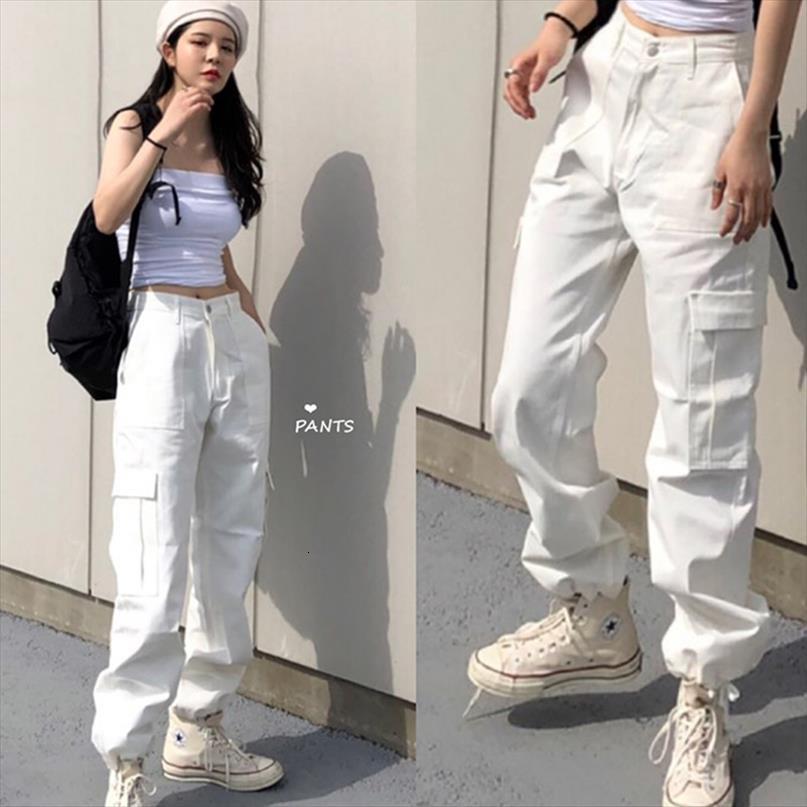 

fashion pocket black white women jeans streetwear high waist vintage loose harajuku denim pants cargo, Blue