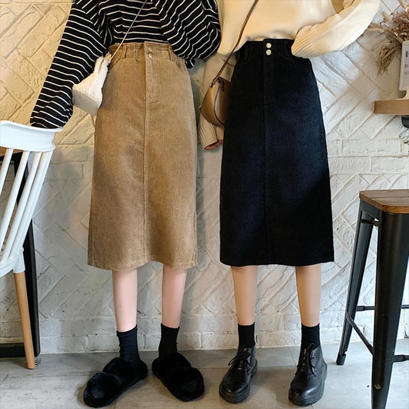 

high waist midi corduroy side women skirt slit a line loose streetwear skirts female pockets denim autumn winter, Black