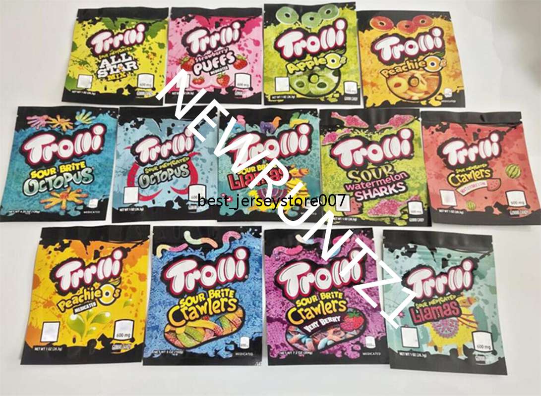 

Edibles Packaging gummy Trolli Mylar Bags 600mg Empty Peachie Sour Candy Gummi Zipper Resealable 3.5 bags