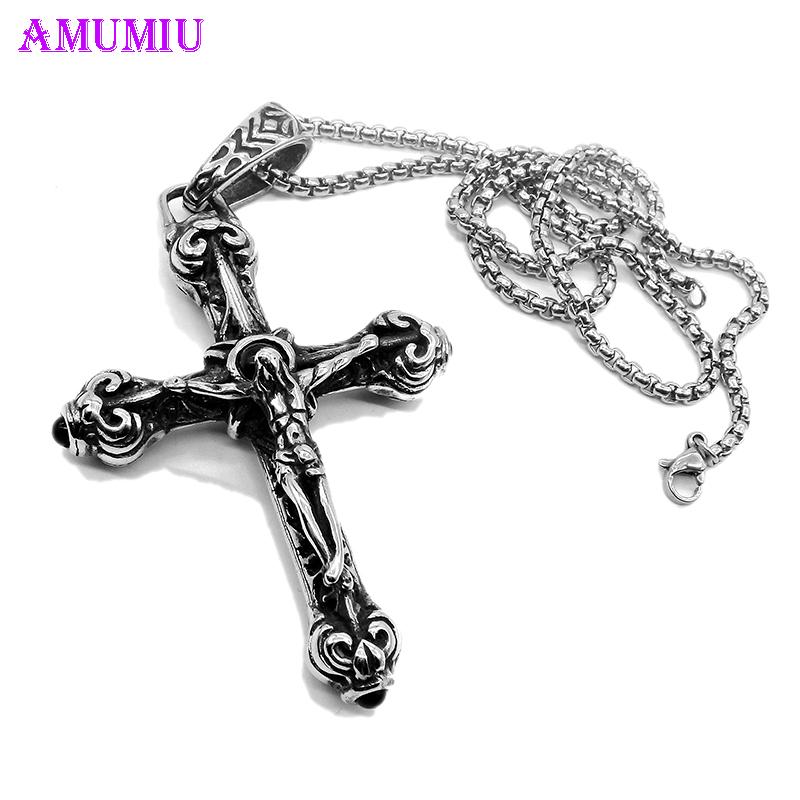 

Pendant Necklaces AMUMIU Religion Cross Jesus & Necklace Punk Stainless Steel Jewelry Fashion Chains Trendy Male Soldier P118, Silver