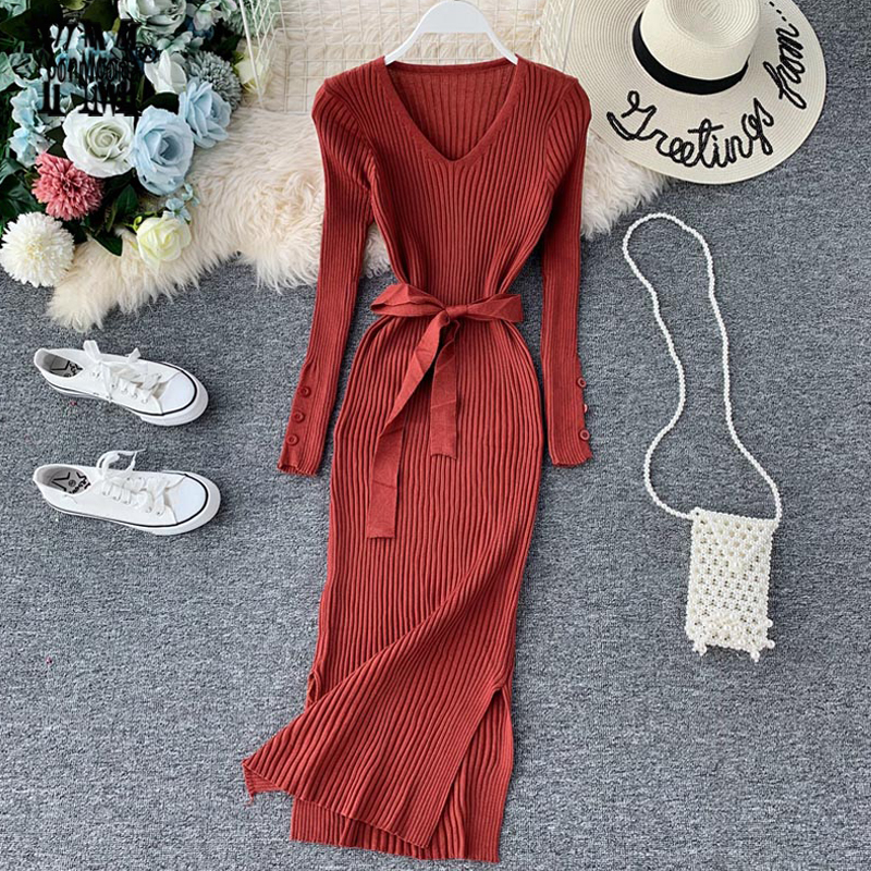 

YornMona Elegant V Neck Split Midi Dress 2021 Autumn Winter Women Knitted Sweater Dress Button Long Sleeve Sashes Bodycon Dress, Burgundy