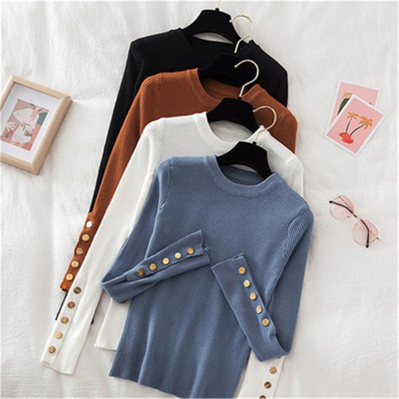 

Women's Sweaters 2022 Style Autumn Winter Button O Neck Sweater Women Pullover Short Tight Long Sleeve Knit Low Waist Top Pullovers, White;black