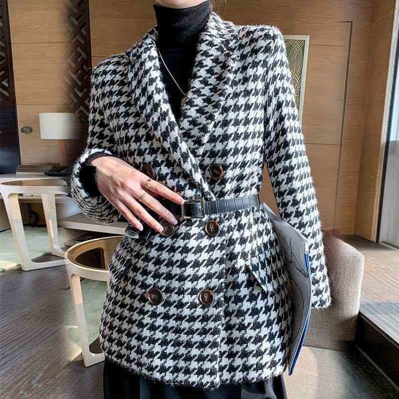 

Temperament small suit houndstooth woolen coat thickened autumn and winter jacket with waist bag 210525, Without belt