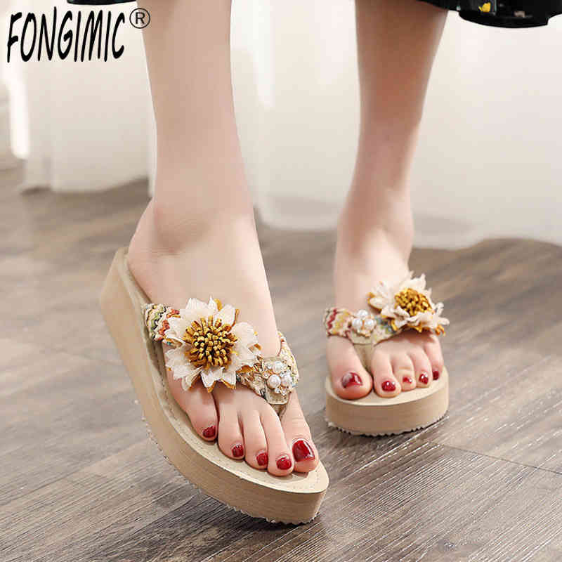 

4cm Height Heel Women Summer Slippers Handmade for Flip Flops Female Bohemia Beach Sandal Home Drop Shipping, Beige and yellow