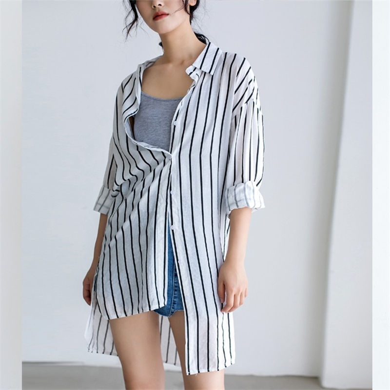 

Women Autumn Long Blouses Shirts Fashion Single Breasted Casual Striped Irregular Split Tops 210520, Picture color