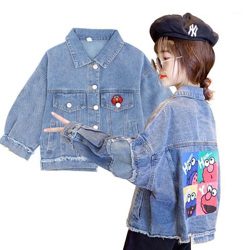 

Jackets Baby Girl Cartoon Denim Jacket 110-160cm Print Back Hungry Monster High Low Hems Casual Ripped Elbow Jean Coat, Blue;gray