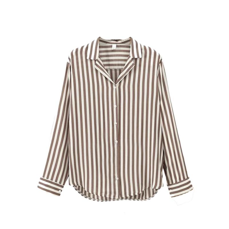 

Women' Blouses & Shirts Women Office Tops For Business OL Vertical Striped Blouse Spring Autumn Flower V-Neck Long Sleeve Work, Coffee