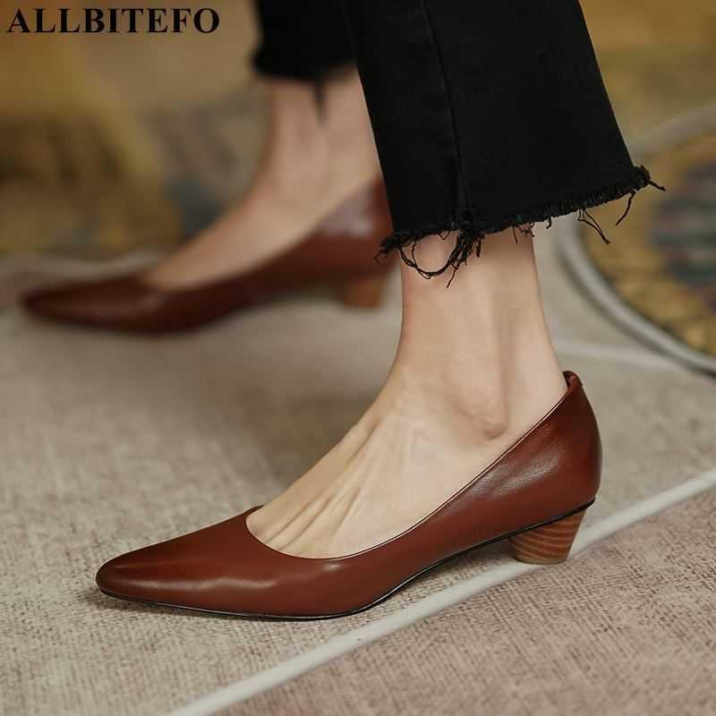

ALLBITEFO pointed toe soft genuine leather women high heels fashion comfortable women heels shoes street walking basic shoes 210611, As picture