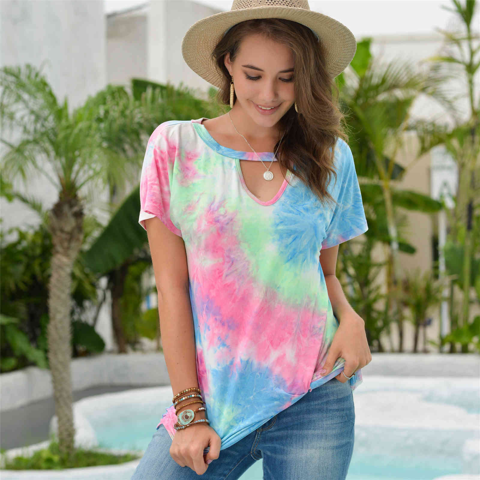 

Women' T-Shirt Summer European and American women' clothing, stand-alone models, tie-dye shirt, T-shirt bottoming shirt 8193 XVZ, Yellow