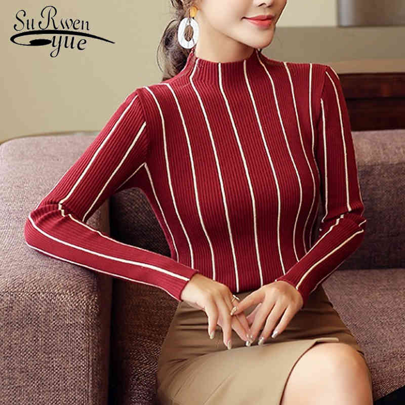 Autumn Long Sleeve Striped Women's Sweater Sueter Mujer Invierno Turtleneck Pullover Top Female s 1326 90 210508