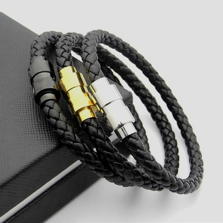 

Luxury Black Woven Leather Bracelet Magnetic shut Man Bracelets High quality French Men's Jewelry Charm Bracelets As Christmas Gifts, Golden;silver