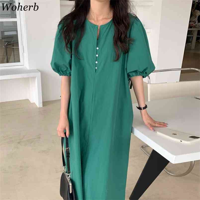 

Summer Korean Solid Women Long Dress Short Puff Sleeve O-neck Shirt Dresses Elegant Fashion Basic Ladies Vestidos 210519, Green