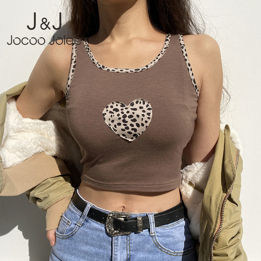 

Jocoo Jolee Sleeveless Sexy Y2K Tank Top Patchwork Brown Cute Tops Women Leopard Heart Patches Vintage Kawaii Tanks Woman Shirts 210518