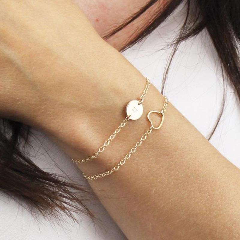 

Link, Chain Fashion Women's Stainless Steel Heart-shaped Double-layer Bracelet With Initials, Simple Temperament Charm, Jewelry Gift