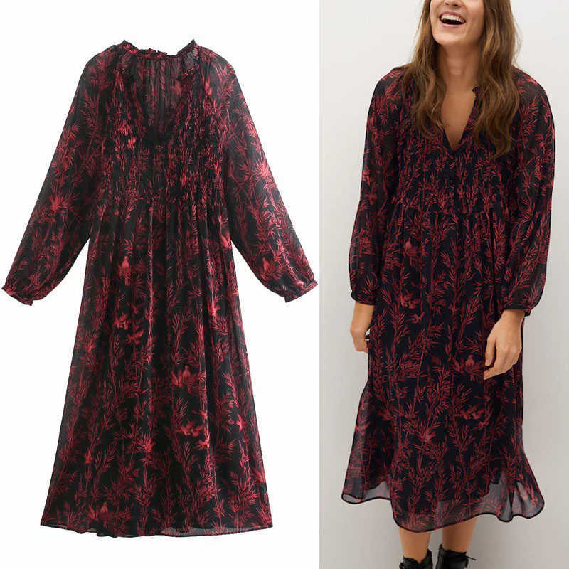 

Za Flowy Print Midi Dress Women Vintage Long Puff Sleeve Party Dresses Woman Fashion Inner Lining Fitted Elegant Vestido 210602, Black
