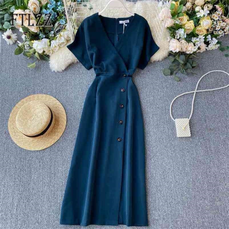 

Women Vintage Beach Dress Fashion Summer Short Sleeve Sexy V-neck Button Long Robe Woman Casual Wear Vestidos 210602