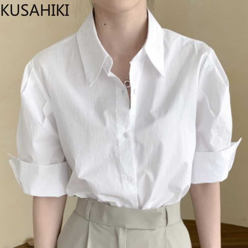 

KUSAHIKI Women Blouses Korean Causal Short Sleeve Turn-down Collar Shirts Summer Solid Elegant Blusas Femme 6H529 210602, White
