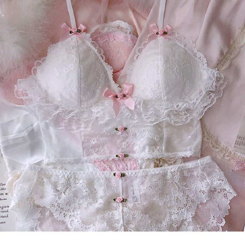 

Bras Sets Wriufred Sexy Pure Desire Underwear Outerwear Thin White Lace Lingerie And Panties Suit Cute No Steel Ring Girl Bra Set, As picture show
