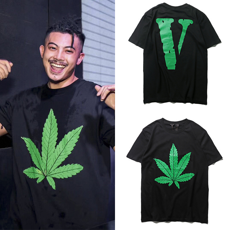 

vlone Gaojiechao Kanye big V hemp leaf printed student T-shirt hip hop skateboard crew neck short sleeve fog, White;black