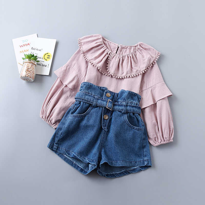 

0-6 years high quality girl clothing set spring fashion tiered ruched solid shirt + denim pant kid children 210615, White