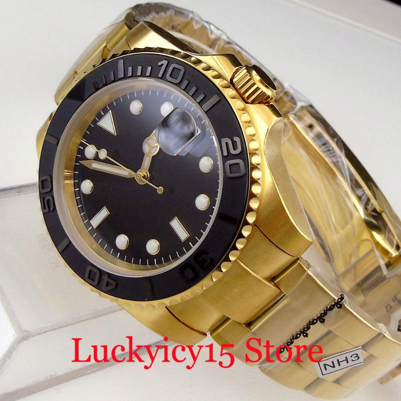 

Wristwatches 24 Jewel NH35A Luxury Black Selfwinding Men Watch Yellow Gold Coated Oyster Bracelet YM Insert Luminous Index Date Magnifier, Mingzhu 2813