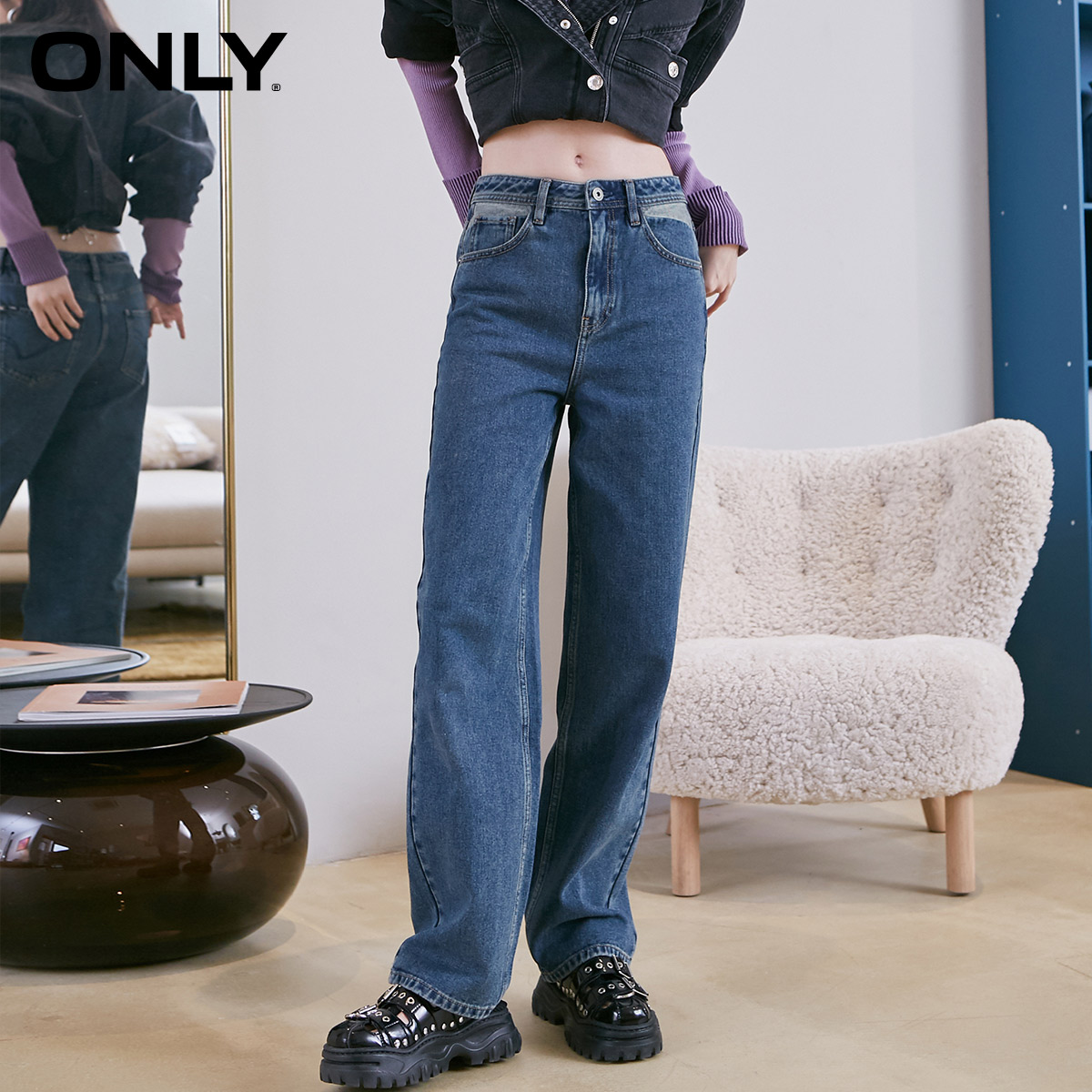 

ONLY2021 autumn new loose stitching high waist slimming wide leg pants long jeans women 120332051, New 390