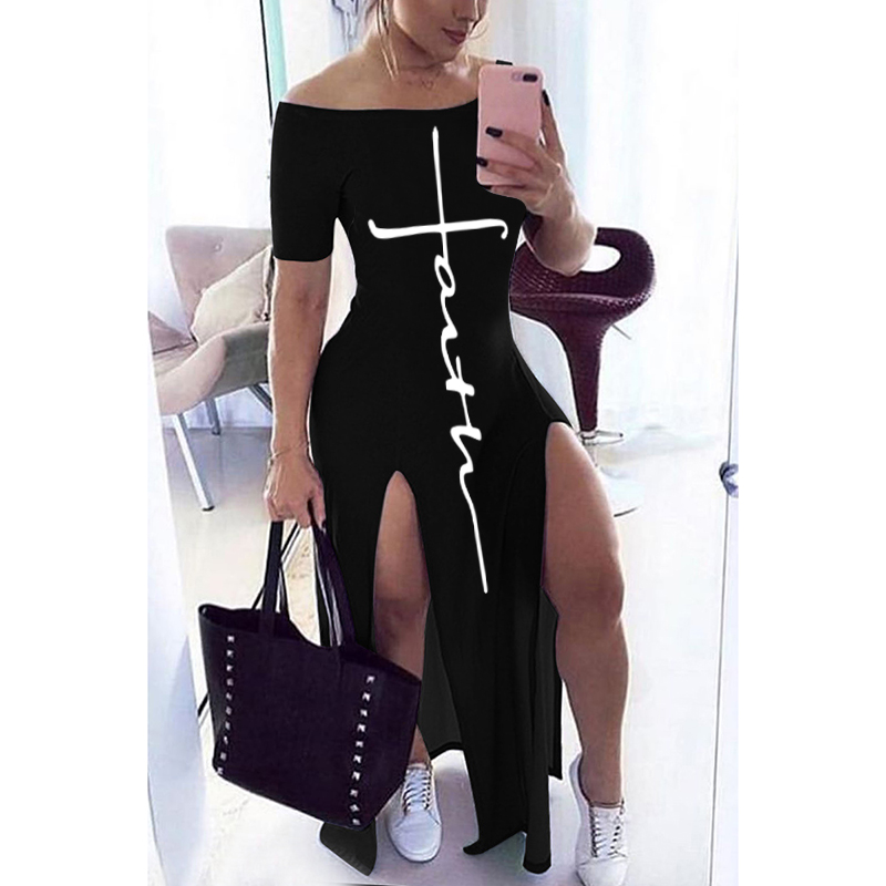 

Letter Pattern Off Shoulder Split Maxi Dress Women Fall Winter 2021 Short Sleeve Sheath Casual Fashion Sexy Club Long Dresses, Yellow
