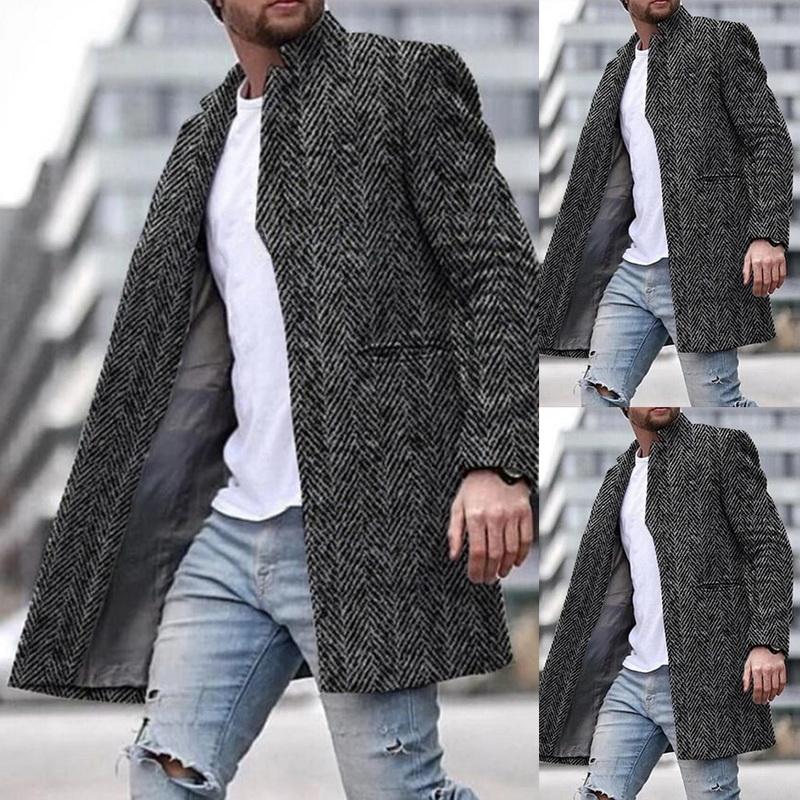 

Men's Wool & Blends Men Blended Variegated Overcoat Casual Long-length Coat Lapel Collar Fleece Autumn Winter Windbreaker Male Woolen, Black