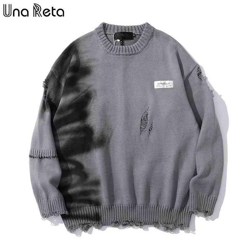 

Una Reta Graffiti Sweater Men Autumn Streetwear Men's Clothes Hip Hop Pullover Men Hole Oversize Couple Sweater 211018, Gray