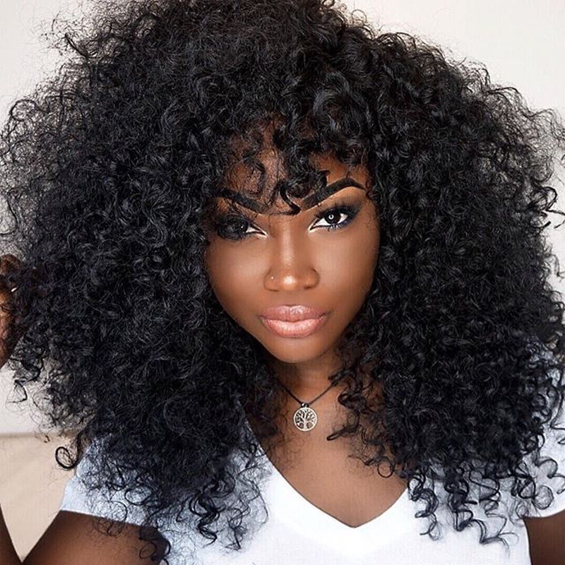 

Wig human hair 65cm full set of head African short curly fluffy small volume explosive wigs, Black