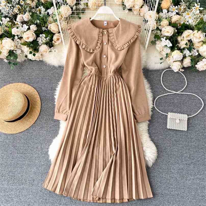 

Sweet Ruffles Dress Women Elegant Patchwork Pleated es Ladies Fashion Long Sleeved Casual Midi Vestidos Mujer 210525, Black