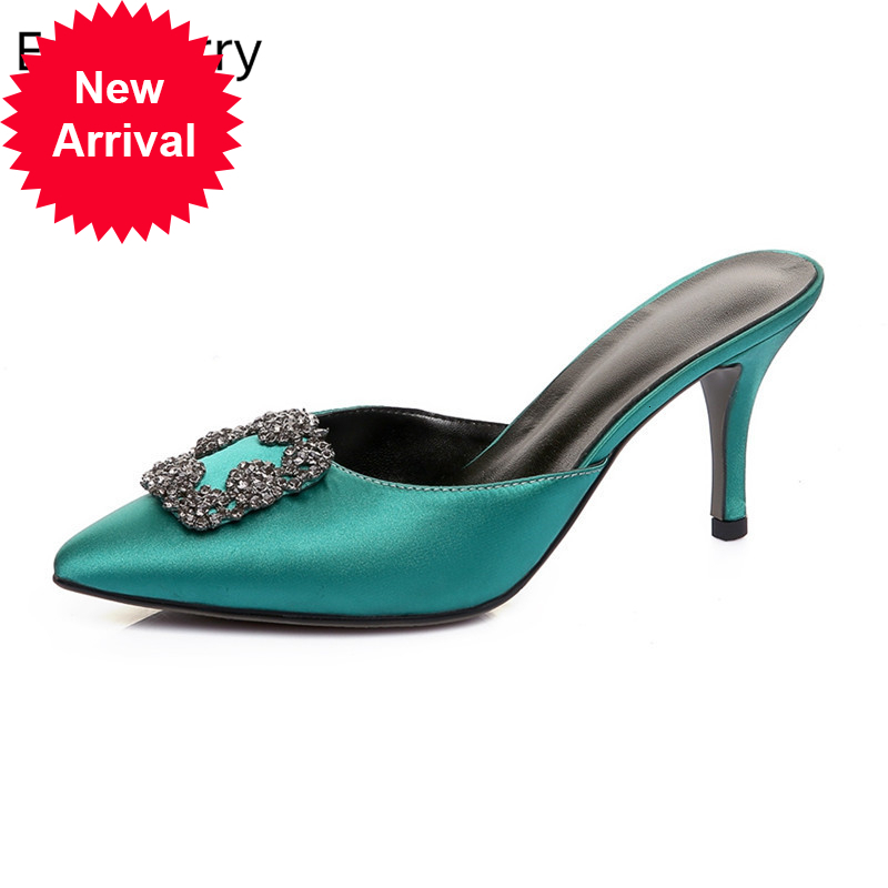 

the New Summer Point Toe Mules Square Buckle with Rhinestone Decor Satin Slingback Thin Heel Slippers Women sandals women Platform, Black