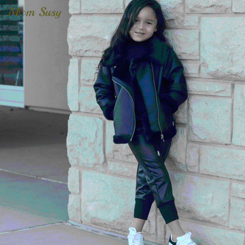 

Down Coat Fashion Baby Girl PU Leather Fur Jacket Winter Toddler Teen Kid In One Chaqueta Outwear Clothes 1-16Y, Blue;gray