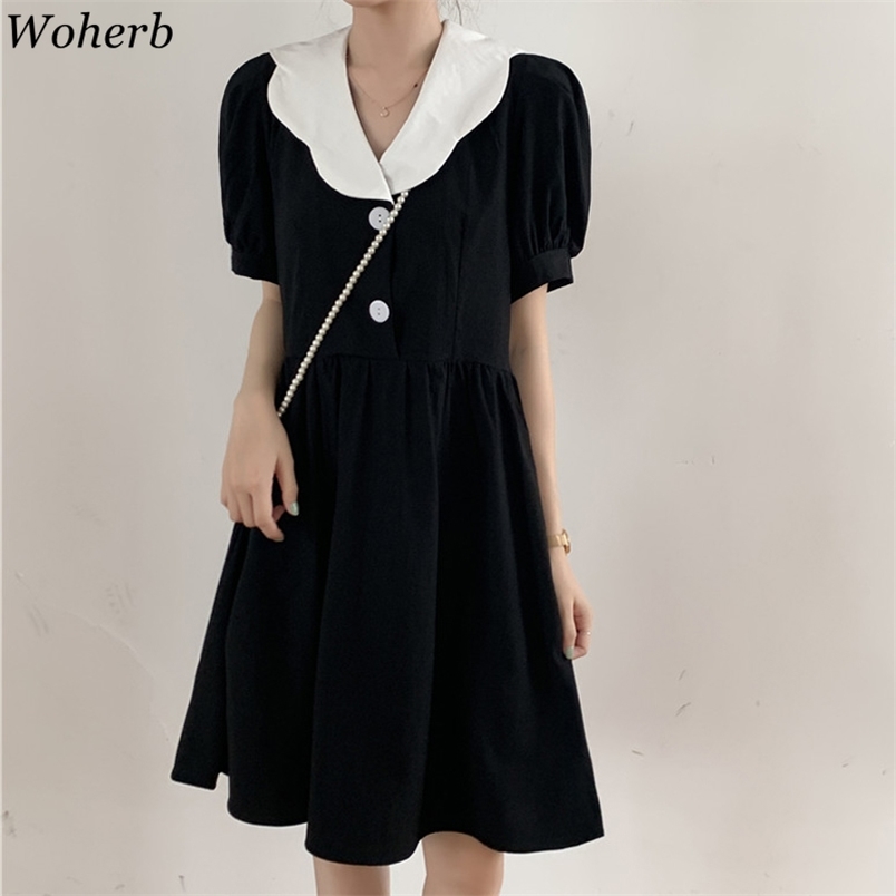 

Korean Elegant Midi Dress Women Summer Peter Pan Collar Short Sleeve Ladies Vestidos Vintage High Waist Slim Dresses 210519, White