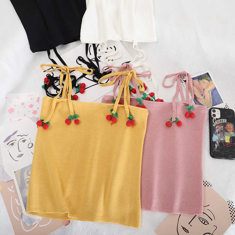 

Sweet Cute Cherry Women Tank Top Casual Slim Spaghetti Strap Summer Female Camisoles W143 210526, Black